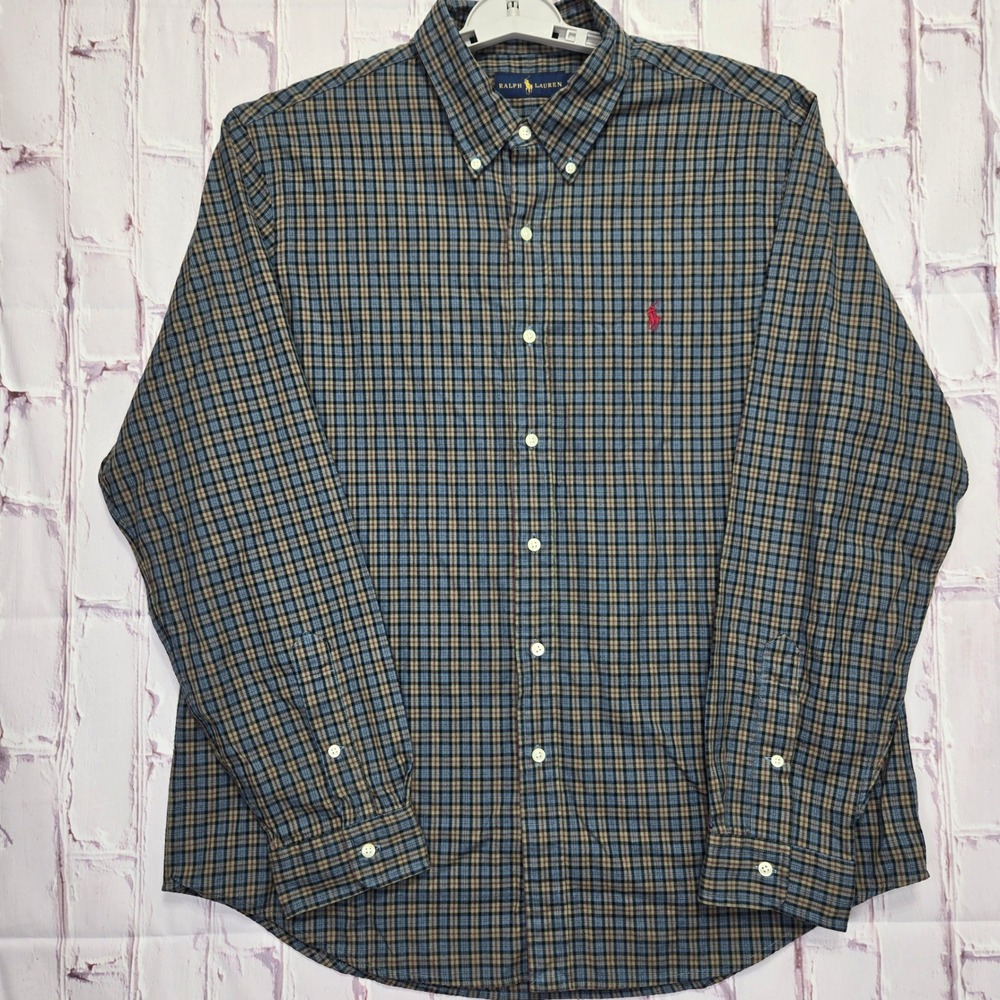 Ralph Lauren Polo Button Down Shirt Blue Plaid Long Sleeve Pony Logo Mens XL